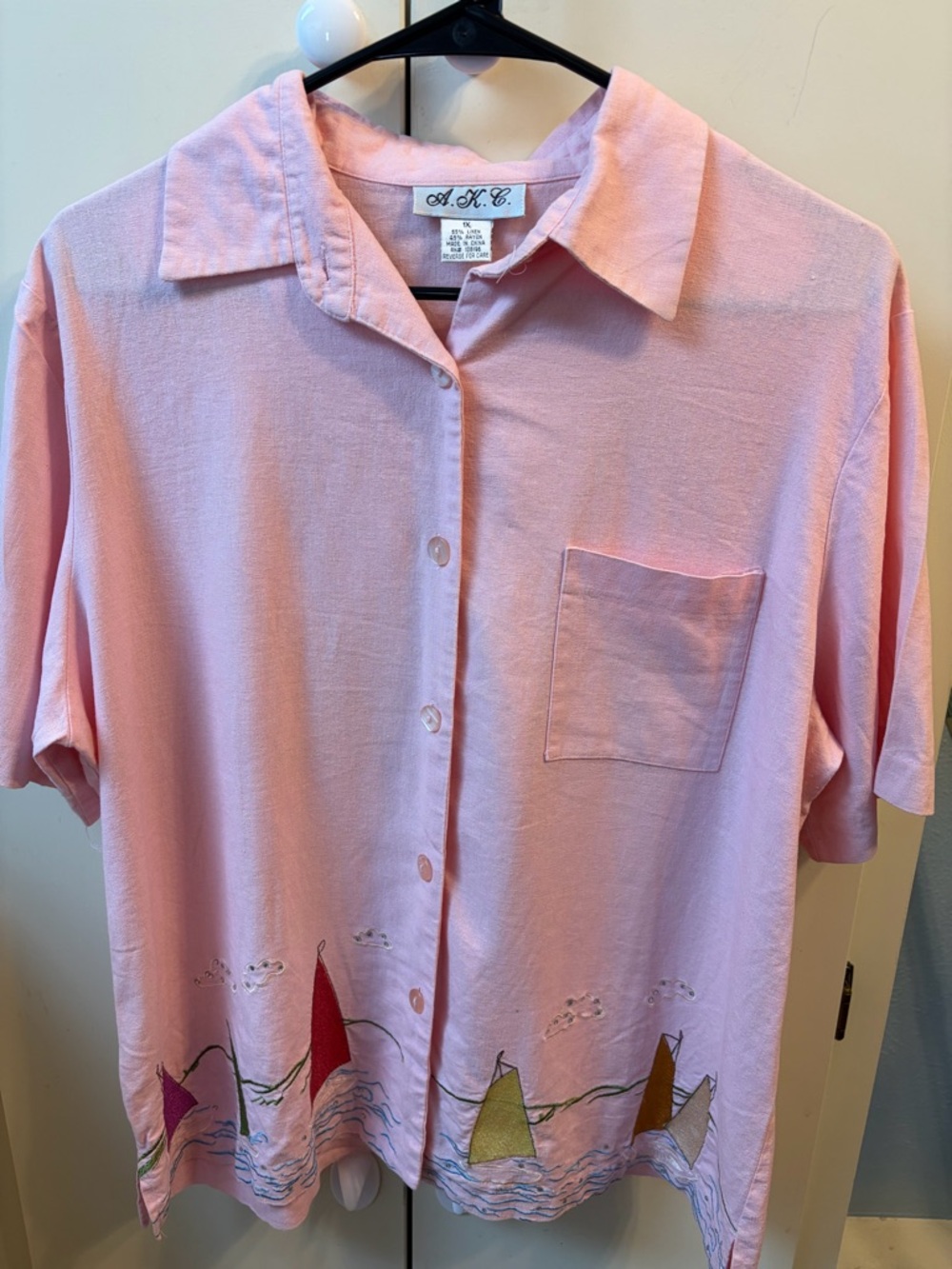 Pink Women’s Button-Up Shirt with Sailboat Trim